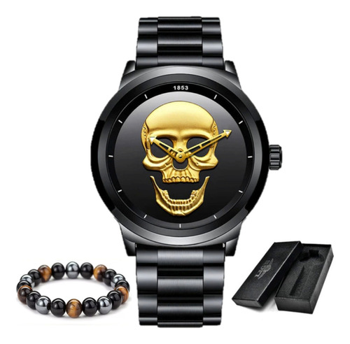 Relógio Skull Lige Caveira 3d Dourada Original Nf + Garantia