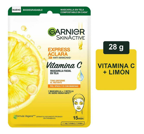Mascarilla Facial De Tela Garnier Vitamina C Express Aclara