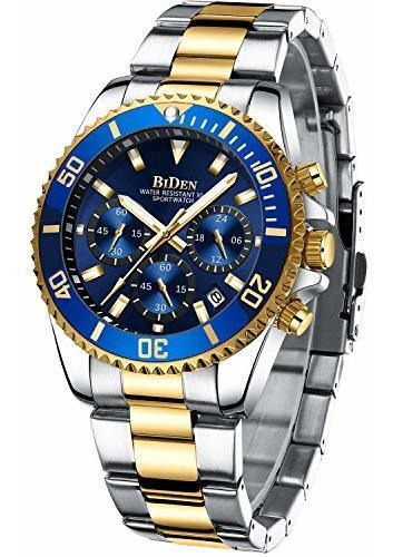 Mens Watches Chronograph Gold Blue Stainless Steel Waterproo