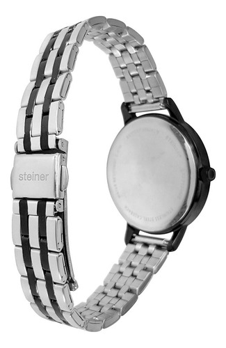 Reloj Para Dama Steiner Análogo Acero Inox Correa Negro y Plateado Bisel Negro Fondo Negro