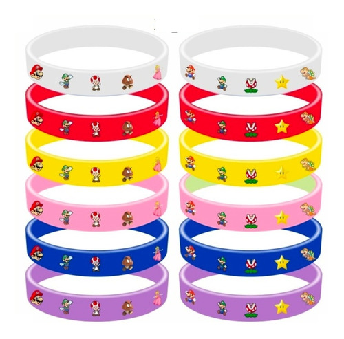 Pulseras Mario Bros - Sorpresas De Cumpleaños 12 Unid Variad