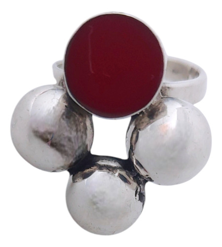 Anillo Esferas Plata Con Aplicación Acrilico Rojo
