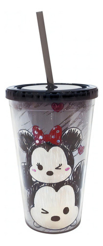 Copo Com Canudo Preto Mickey E Minnie Tsum Tsum 450ml - Disn