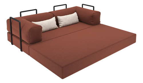 Colchão Casal Vira Sofa Cama 2 Lugares Com Estrutura Metálica Industrial Estilo Nórdico 192cm No Tecido Bouclê Cor: Terracota Mod: Buble Caixa