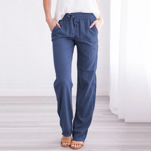 Un Pantalón De Mujer De Algodón Y Lino Con Cordón Elástico Y