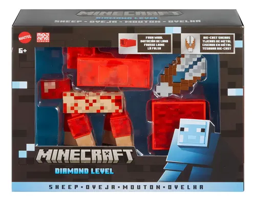 Caixa do boneco de ação Minecraft Diamond Level Sheep da Mattel, mostrando o produto dentro de uma embalagem com temática do jogo.
