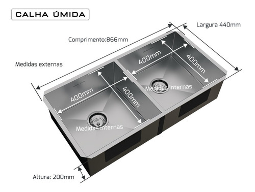 Imagem 3 de 7 de Cuba Dupla Inox Quadrada Pia C/ Válvula 80x40 Embutir