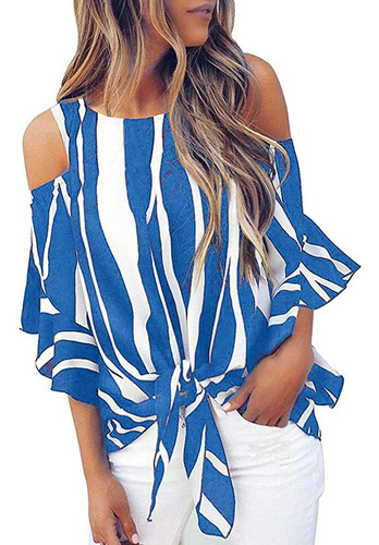 Blusa A Rayas Para Mujer, Hombros Descubiertos, Lazo En La C