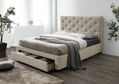 Cama Sybella King, Cama Capitoneada Beige Con Gaveta