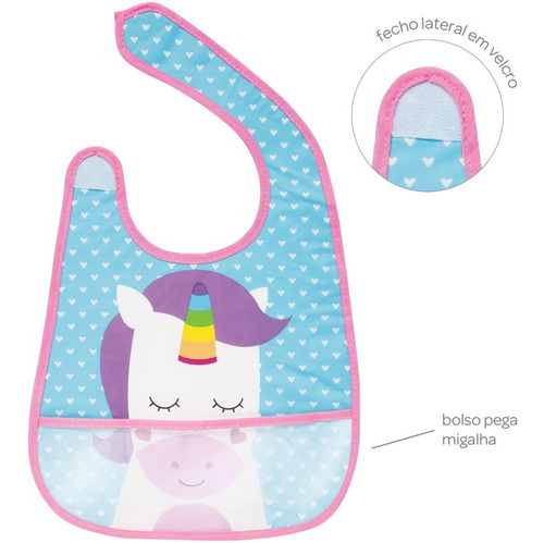Babador Com Bolso Unicórnio Com Velcro Impermeável Buba