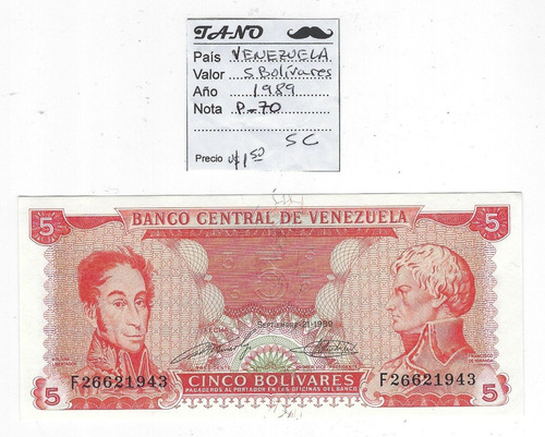 B70 Venezuela Billete 5 Boliv. Año 1989 Cat#. P-70 S/circula