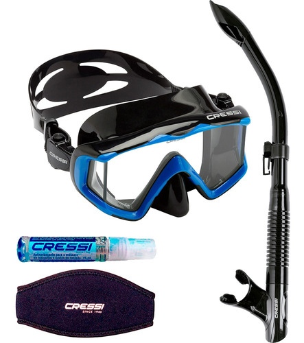 Kit De Mergulho Cressi Pano 3+snorkel Tao+anti Fog+strap Cor Preto/Azul