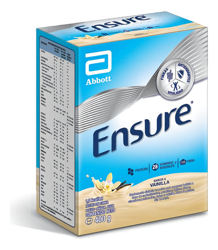 Suplemento em pó Assure Ensure: proteína, vitaminas, minerais, ômega 3 e 6, fibra em pó com sabor de baunilha em uma caixa de 400 g
