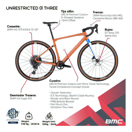 Gravel Bike Bmc Unrestricted 01 Three Premium Carbono 12 Vel Color Naranja Tamaño del cuadro S