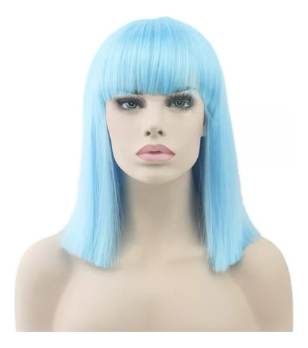 Peluca Melena Azul Cielo Cabello Liso Sintético Con Fleco Tamaño De La Base Unitalla