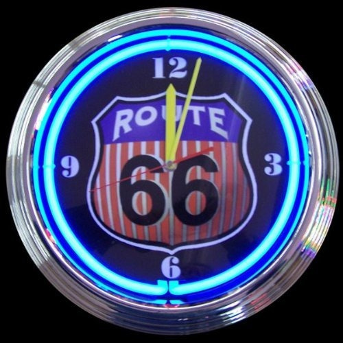 Reloj De Neón Route 66 (cromo Con Neón Azul)