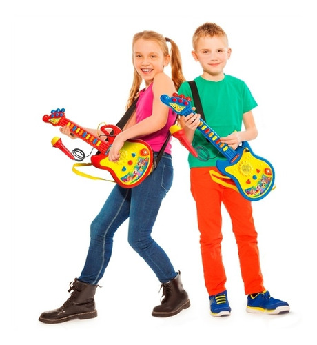 Imagem 4 de 5 de Guitarra Infantil C/ Microfone P/ Cantar C Som E Luz Dm Toys