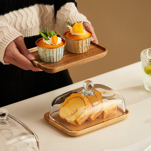 Plato Rectangular De Bambú For Tartas Con Tapa De Cristal