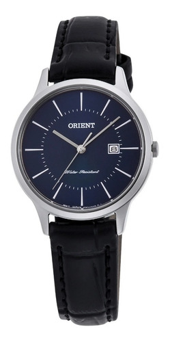 Reloj Orient Mujer Cuero Negro Azul Fecha Clasico Rf-qa0005l Color Del Bisel Plateado