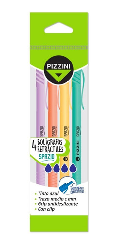 Bolígrafo Birome Retractil Pizzini X 4 Azul Cuerpo Pastel