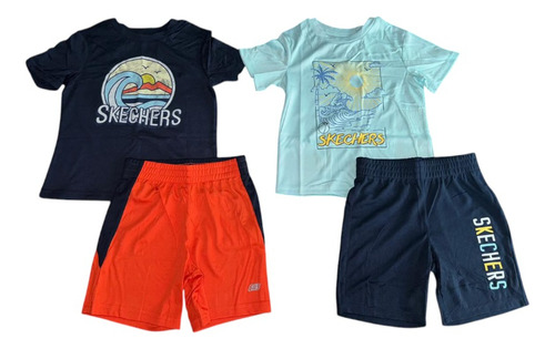 Skechers Conjunto 4 Pzas Niño Short Playera Azul / Naranja 3 T