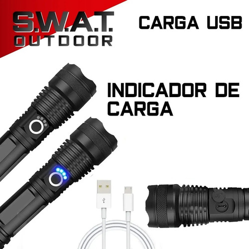 Imagen 3 de 10 de Linterna Táctica Led Swat Outdoor X80 Usb Accesorios Potente