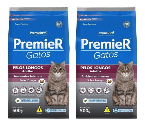 Kit 2un. Ração P/ Gato Adulto Pelo Longo Frango 500g Premier