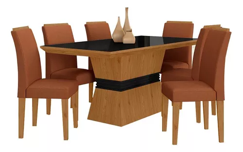 Conjunto Mesa De Jantar 6 Cadeiras Nairóbi Cina/pre/marr-m.a Cor  Cinamomo/preto/marrom 04 Desenho do tecido das cadeiras Liso