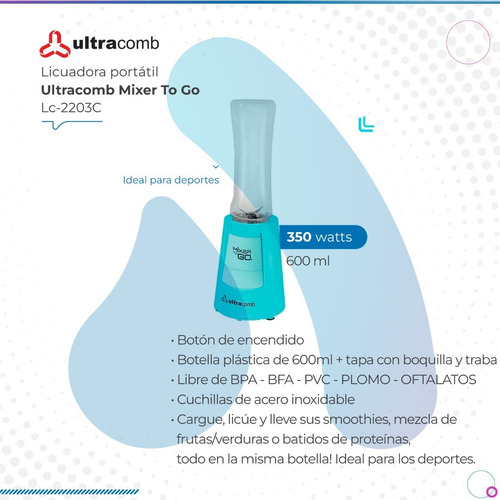 Imagen 2 de 10 de Licuadora Ultracomb Portátil Mixer To Go Lc-2203c