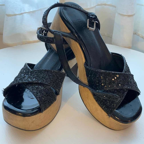 Sandalias Paruolo Nro 35 Mujer -cuero Negro Glitter