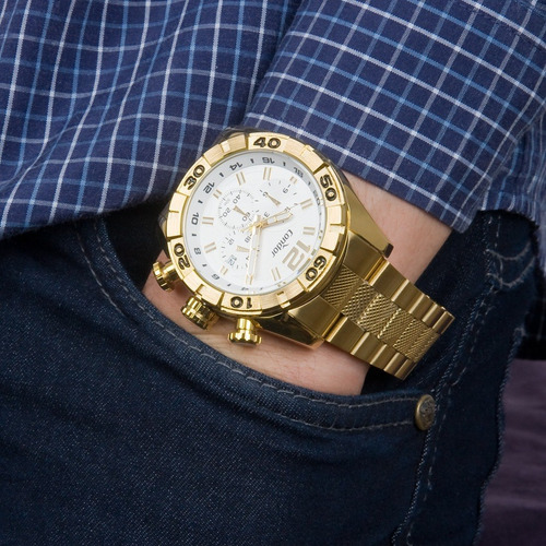 Relógio Condor Masculino Dourado Branco Civic Dual Time Covd33aa/4k Original Com Estojo