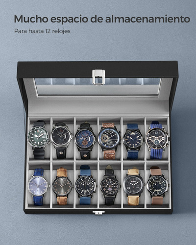 Caja De Relojes Songmics Con 12 Compartimentos Color Cuero Sintético Negro Forro Gris