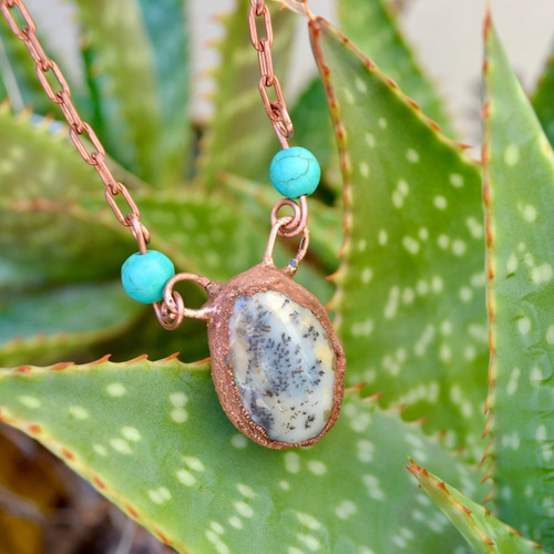 Collar Piedra Agata Y Howlitas Turquesa, Cadena Cobre, Cod1
