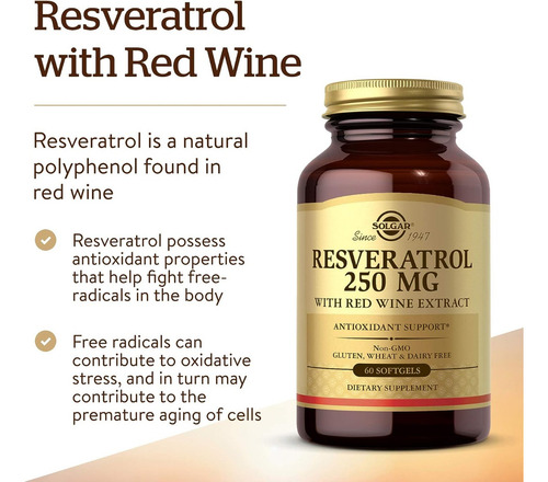 Solgar Resveratrol Con Extracto De Vino Tinto 250 Mg 60 Caps Sabor Sin Sabor
