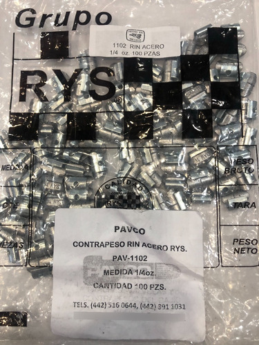 Contrapeso Rin Aluminio De 1/4oz. Marca Rys (plomo) 100 Pzas