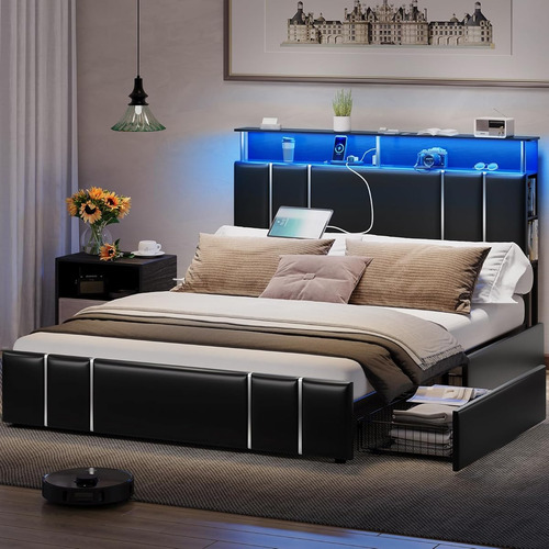 Base De Cama Matrimonial Viagdo C/ Cajones & Luz Led Negro