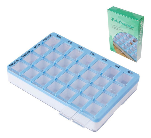 Caixa Porta Remédios Organizador Portátil Comprimidos Mensal Cor Azul e Branco