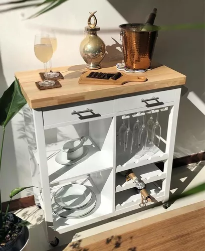 Mesa Carrito Auxiliar Cocina 2 Modulos Bambu Mesada Mármol