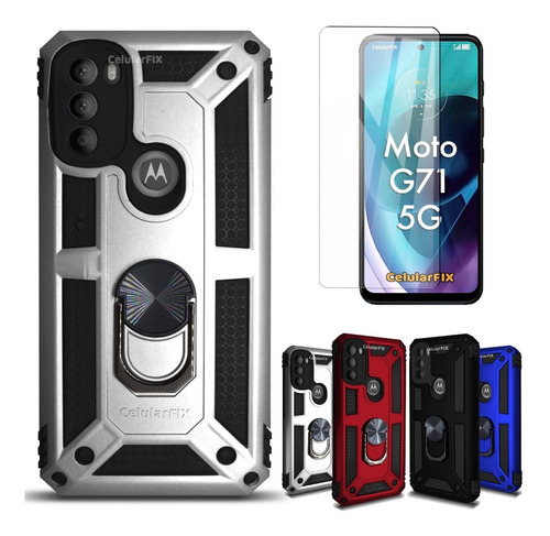 Funda P/ Moto G71 5g, Uso Rudo C/ Anillo Sujetador + Cristal