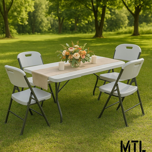 Mesa Mtl Plegable Rectangular 180 Cm Con 4 Sillas Plegables Para Interior Exterior Camping Eventos Jardin Patio Terrazas Diseño Resistente Portátil Facil De Guardar