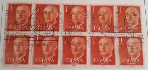 Bloque De 10 Estampillas España 1 Peseta General Franco 1955