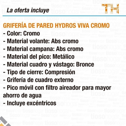 Imagen 5 de 10 de Griferia Pared Cocina Lavadero Hydros Viva Cromo Para Bacha