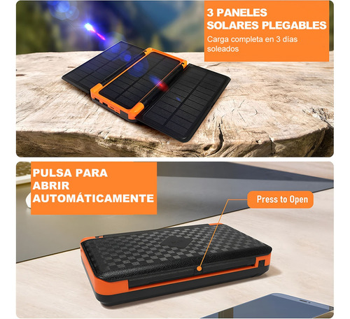 Batería Portátil Con 3 Paneles Solares, Cargador Multipuerto Naranja