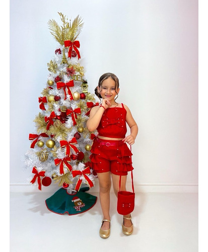 Conjunto Mini Diva Short Cropped Com Bolsinha Blogueirinha Vermelho P- 2 A 3 Anos