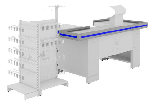 Expositor Checkstand Com Checkout 1,50m Branco Perfil Azul