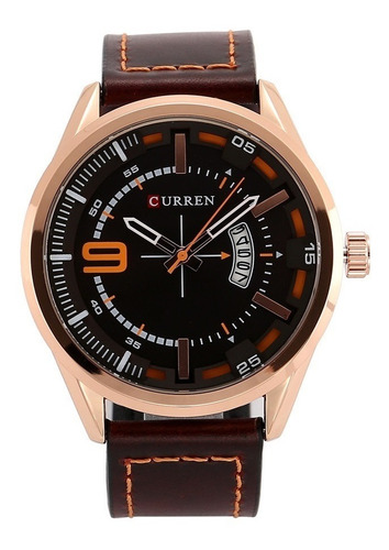 Relógio Masculino Curren Luxo Dourado Pulseira Couro Marrom