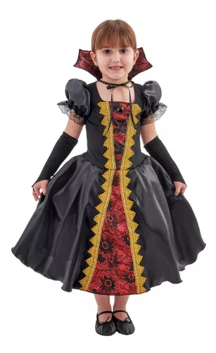 Fantasia Rainha Vampira Infantil de Halloween Com Presas