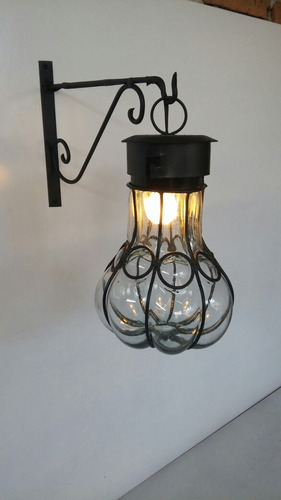 Lampara Farol De Pared O Muro De Herrería Y Vidrio Soplado