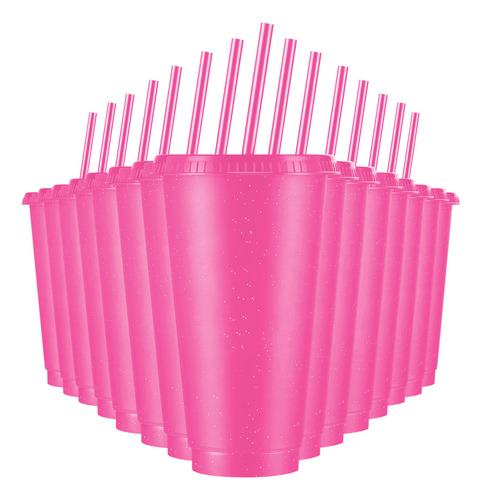Vasos Reutilizables De 24 Oz Con Tapa Y Popote, 15 Piezas Color Rojo Rosado