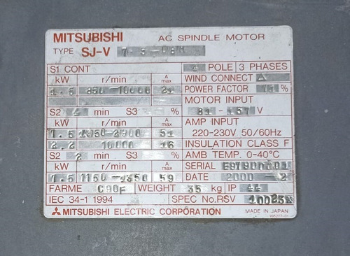 Motor De Spindle Mitsubishi Sj-v7.5-08m Cnc Mazak (Usado)